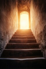 A staircase leads upward towards a brightly lit door at the top during golden hour