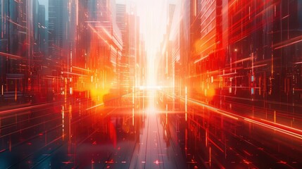 Futuristic cityscape with glowing neon lights digital energy rays and a dynamic cyberpunk inspired atmosphere  Abstract and technologically advanced urban landscape with a sense of motion power