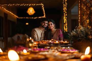 young indian couple celebrating diwali festival at home