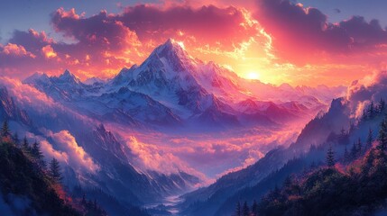 Stunning Sunset Over a Mountain Range with Dramatic and Colorful Sky Ideal for Nature Photography Enthusiasts
