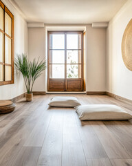 Fototapeta premium Minimalist rustic meditation a room with cushions, minimal wood furniture and a large window filling the space with natural lighting. Calming residential interiors in beige tones