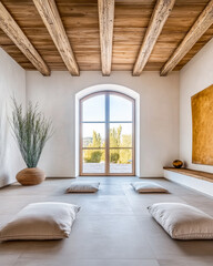 Minimalist rustic meditation a room with cushions, minimal wood furniture and a large window filling the space with natural lighting. Calming residential interiors in beige tones