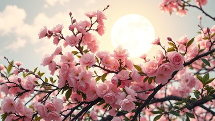 Fototapeta premium Delicate, bell-shaped flowers in soft pastel hues hang gracefully from slender stems, surrounded by lush green foliage,