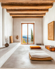 Minimalist rustic meditation a room with cushions, minimal wood furniture and a large window filling the space with natural lighting. Calming residential interiors in beige tones