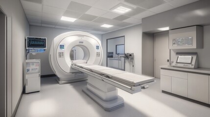 CT scanner room setup, highlighting the arrangement of the scanner, control panels, and monitors, with attention to cleanliness and organization