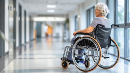 Elderly woman in wheelchair awaiting care in hospital corridor, highlighting patient experience