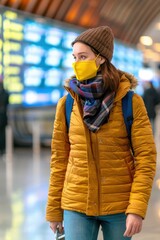 Fototapeta premium Young traveler in a warm yellow jacket and mask explores a lively airport terminal