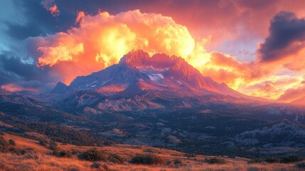 Fototapeta premium Majestic mountain landscape illuminated by a vibrant sunset.