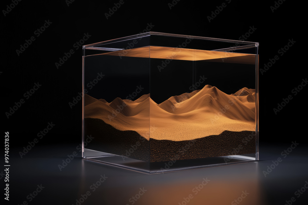 Poster a sand landscape model displaying intricate dunes in a clear acrylic container illuminated dramatica