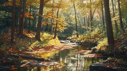 Obraz premium Early autumn scenery, capturing the first signs of fall with a blend of green and turning leaves, a gentle stream, and soft sunlight filtering through the trees