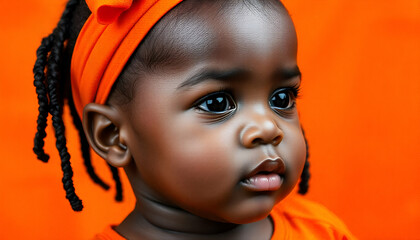 A young African girl with dark skin, braided hair, and a bright orange headscarf against a orange background