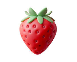 A 3D rendering of a bright red strawberry with green leaves.