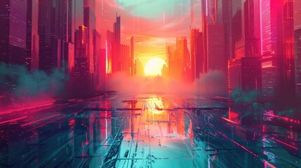 Fototapeta premium Futuristic and surreal cityscape with neon lit skyscrapers reflecting pools and a vibrant colorful sunset glow illuminating the urban landscape