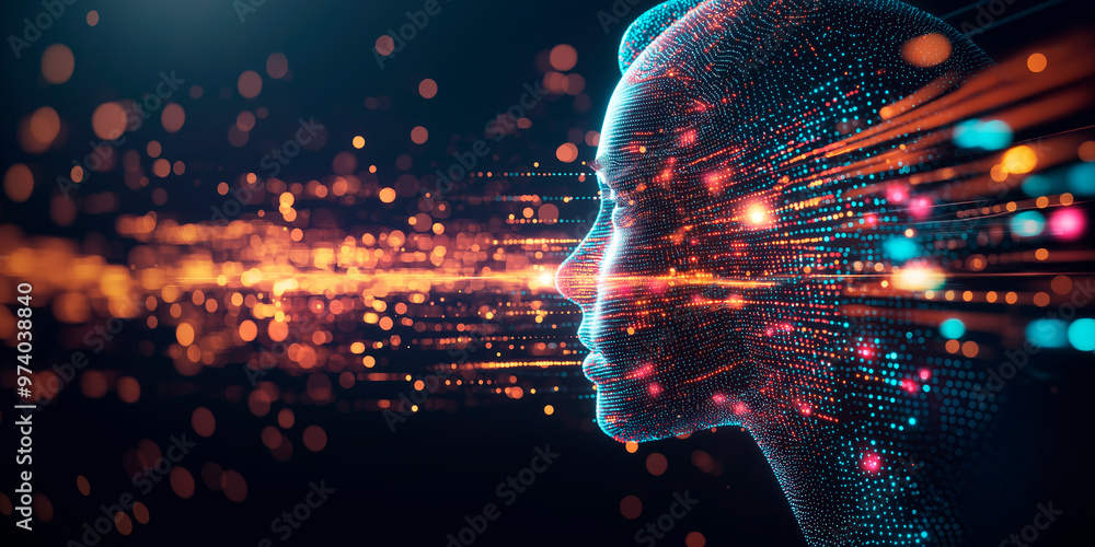 Aufkleber Digital face composed of glowing particles and lines on a dark background illuminated by bright light streaks and bokeh effect.