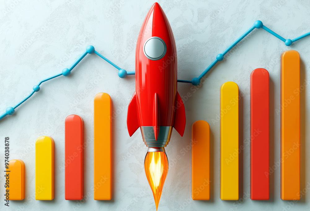 Aufkleber red rocket launching amidst colorful bar chart and blue line graph on light background. concept of b