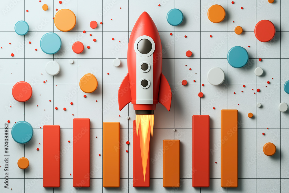 Poster rocket ship launching amidst colorful geometric shapes on a graph background, symbolizing growth and