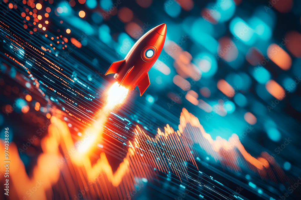 Poster rocket launching amidst vibrant financial charts and data background, symbolizing growth and progres