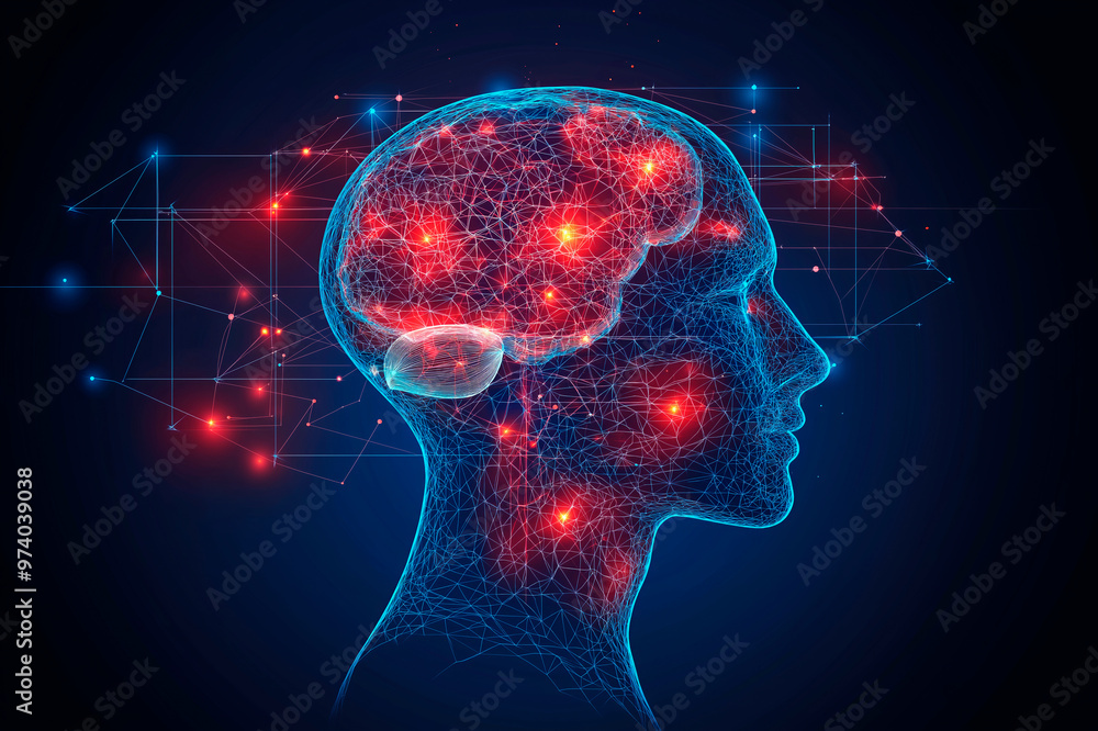 Poster digital representation of a human head with neural connections and glowing brain nodes on dark backg