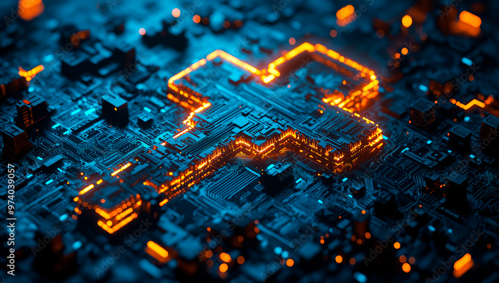 Poster glowing circuit board with encryption symbol in blue and orange tones.