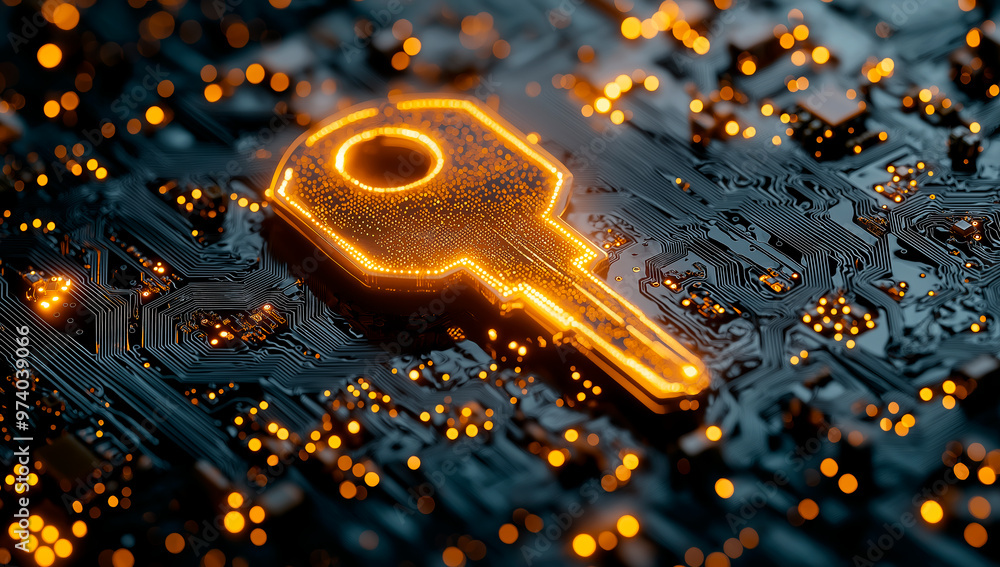 Aufkleber Digital key symbolizing cybersecurity and data protection on a glowing circuit board.