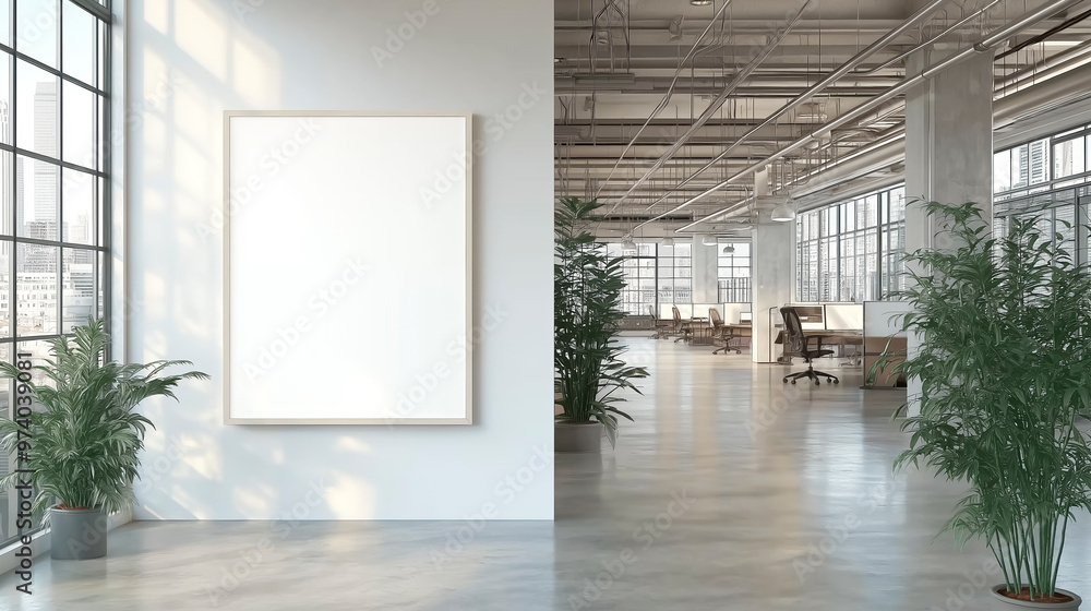 Poster vertical blank poster frame in modern office with large windows and potted plants, concept of blank 