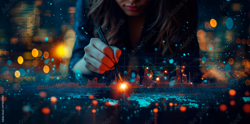 Poster Close-up of a person drawing data visualizations with a stylus on a digital interface, surrounded by bokeh lights.