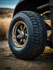 A worn vehicle tire with an old, rugged appearance, showing years of use.