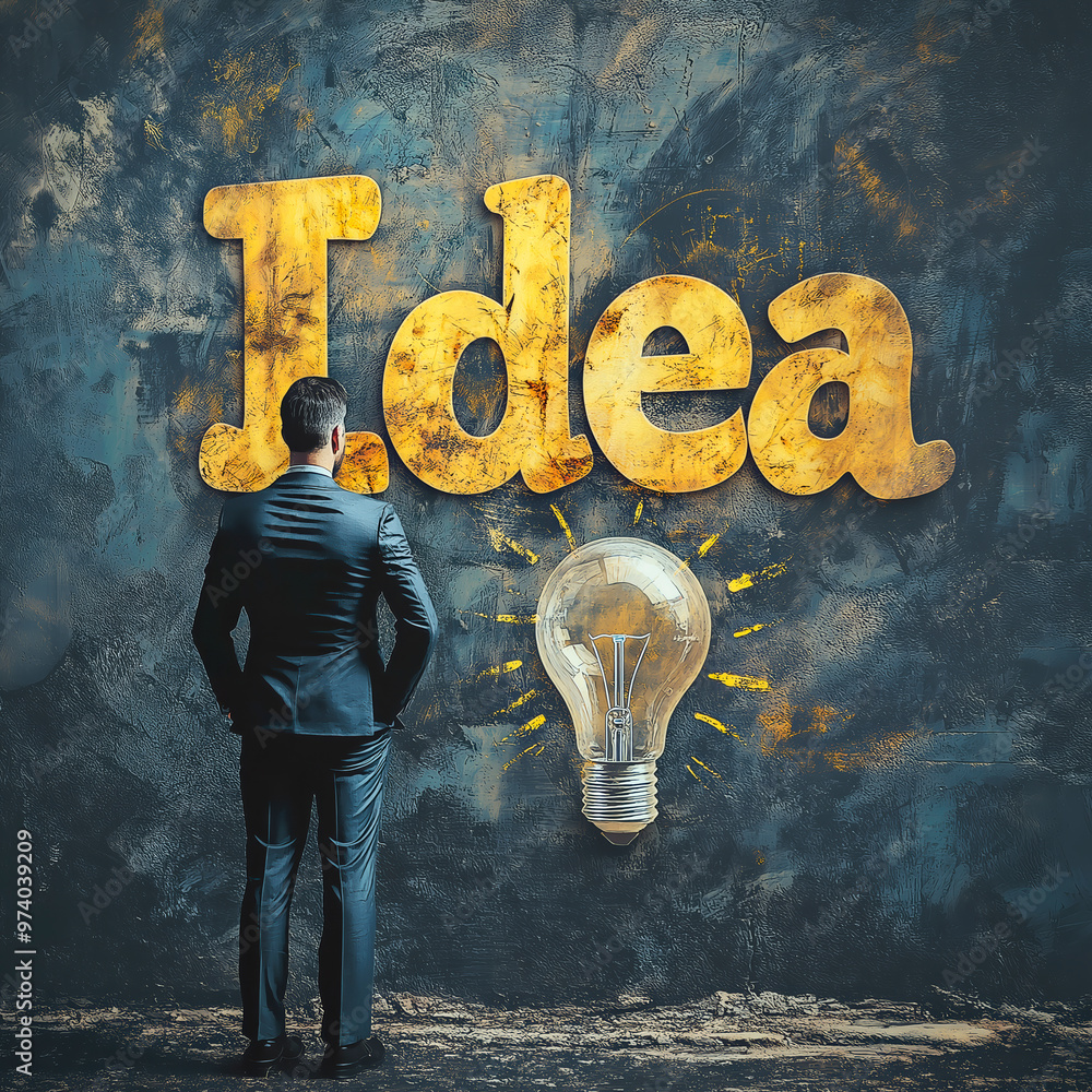 Leinwandbilder man in suit looking at the word idea and lightbulb on textured wall background. ai generative.