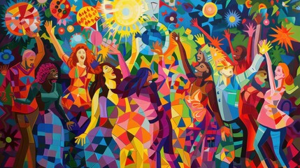 A colorful painting depicting a joyous reunion of friends at a summer festival, full of energy and vibrancy