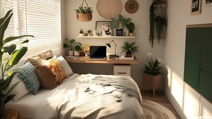 A stylish bedroom workspace featuring a laptop, potted plants, cozy bed, wall decor, and natural light, creating a relaxing, multifunctional environment.