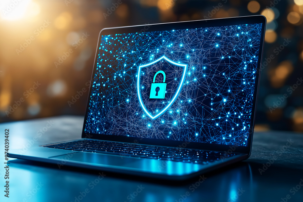 Poster laptop with glowing cybersecurity lock icon on network background.