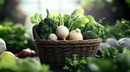 A wicker basket full of fresh vegetables like broccoli and turnips placed on a wooden table with a green garden in the background..