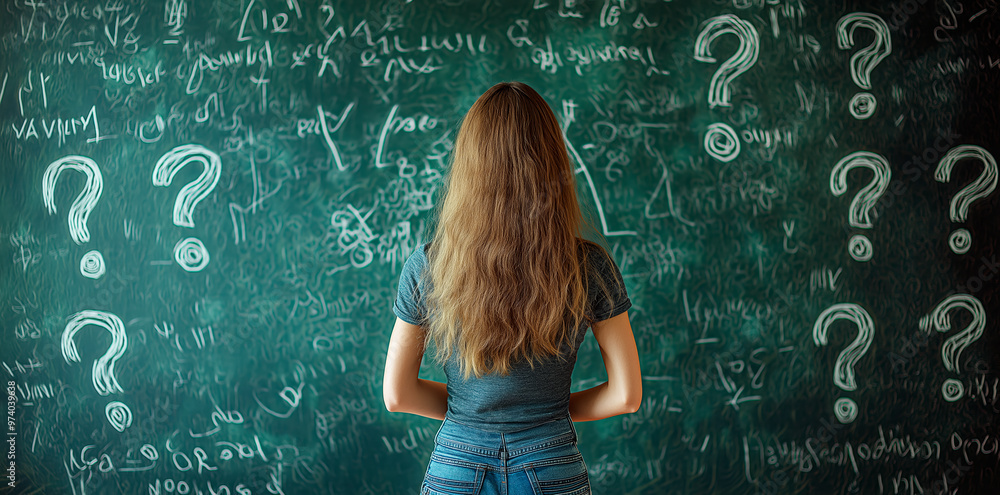 Poster woman facing a chalkboard filled with question marks and mathematical equations.