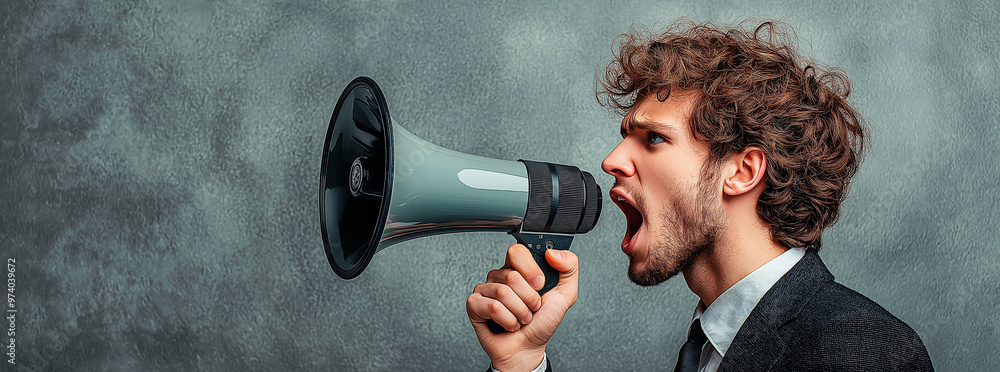 Aufkleber Man shouting into megaphone against textured background, expressing urgency and communication. Ai generative.