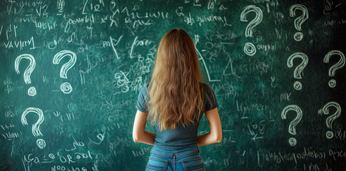 Woman facing a chalkboard filled with question marks and mathematical equations.