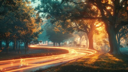 Winding dirt road or trail leading through a beautiful autumn forest landscape with warm glowing light filtering through the colorful fall foliage and trees  Scenic