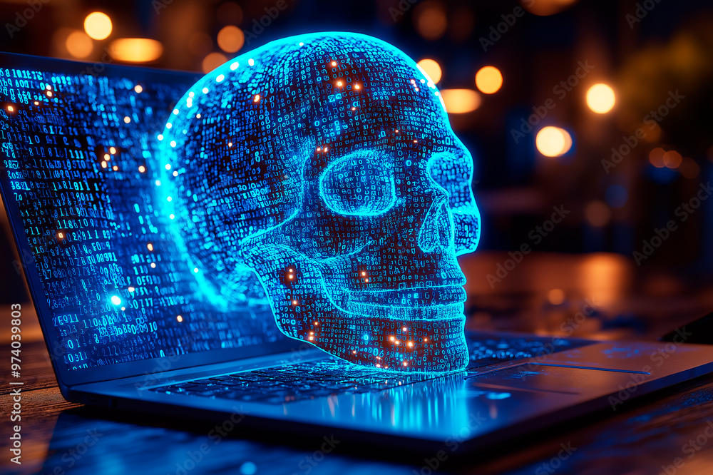 Poster Digital skull made of binary code emerging from a laptop screen in a dark setting.
