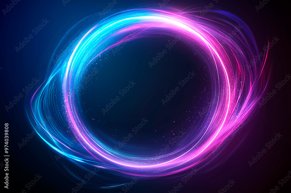 Poster neon light swirl forming a circular shape on a dark background.
