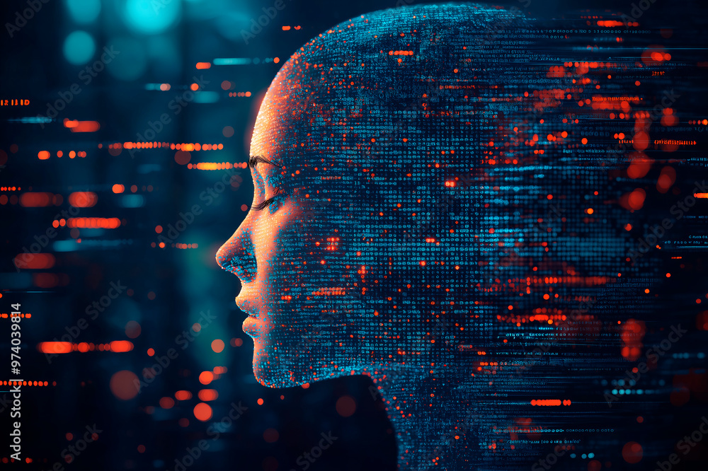 Poster Abstract digital face with data streams on dark background, concept of AI and machine learning.