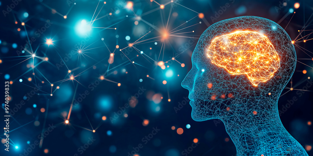 Poster Digital representation of human head with neural network on abstract blue background. Concept of artificial intelligence.