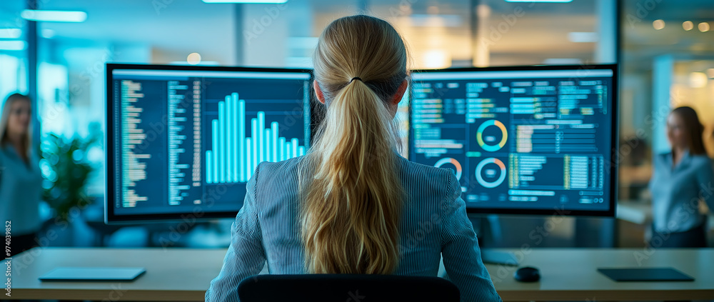 Poster Woman working with multiple data screens in a modern office environment.