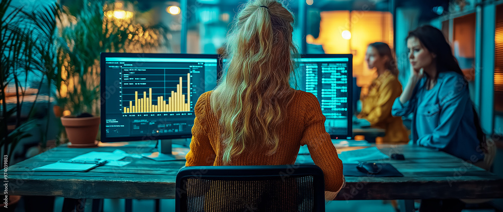 Poster woman working on dual monitors in a modern office with colleagues in the background during evening h