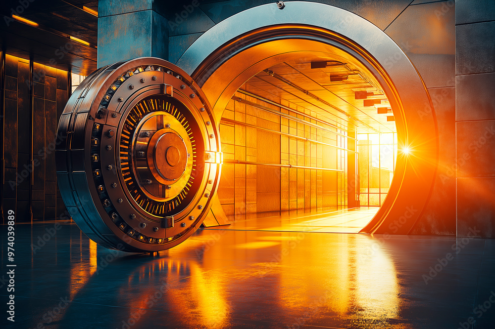 Poster illuminated bank vault with open door bathed in warm sunlight. ai generative.