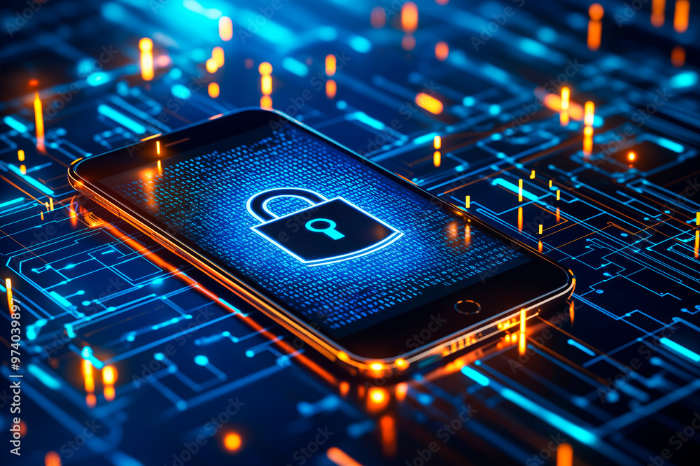 Poster Smartphone displaying a lock icon on a digital circuit background, representing cybersecurity.
