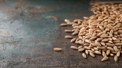 Fototapeta premium Close-up of raw wheat grains scattered on a rustic, textured surface, symbolizing natural agricultural products and harvested grains.