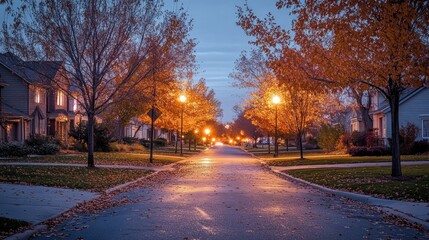 Fall evening walks in a suburban neighborhood, with streetlights casting a warm glow, leaves rustling underfoot, and a gentle breeze in the air