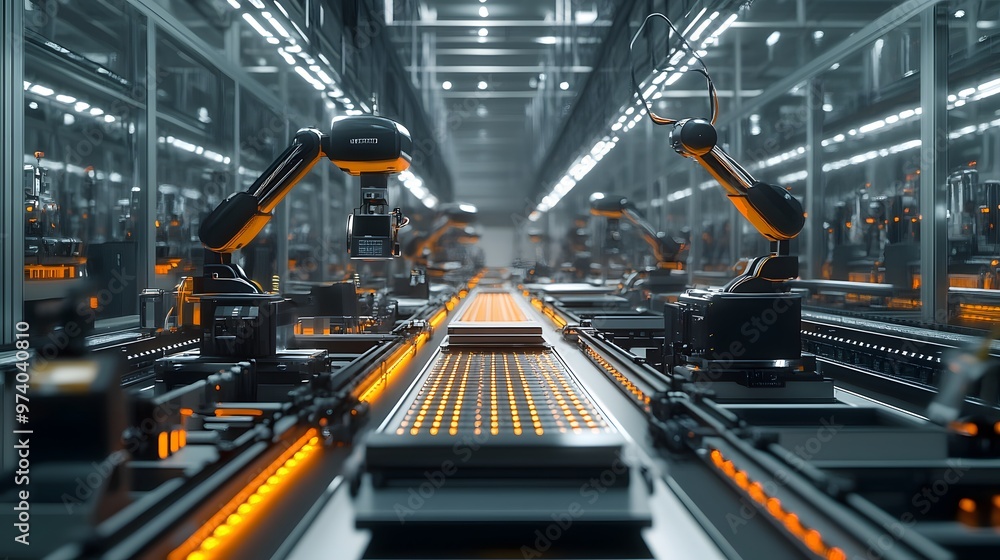 Aufkleber factory automation: assembly line with robotic arms