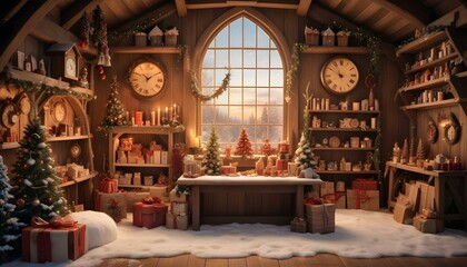 Obraz premium A cozy and festive Christmas workshop interior with wooden beams, clocks, shelves filled with holiday decorations and gifts, and a large arched window overlooking a snowy landscape.