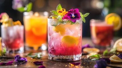 Fancy drinks presented in an upscale cocktail bar, with drinks garnished with edible flowers, citrus twists, and fresh herbs
