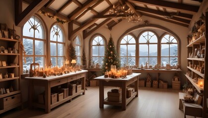 Fototapeta premium A cozy and festive Christmas workshop interior with wooden beams, clocks, shelves filled with holiday decorations and gifts, and a large arched window overlooking a snowy landscape.